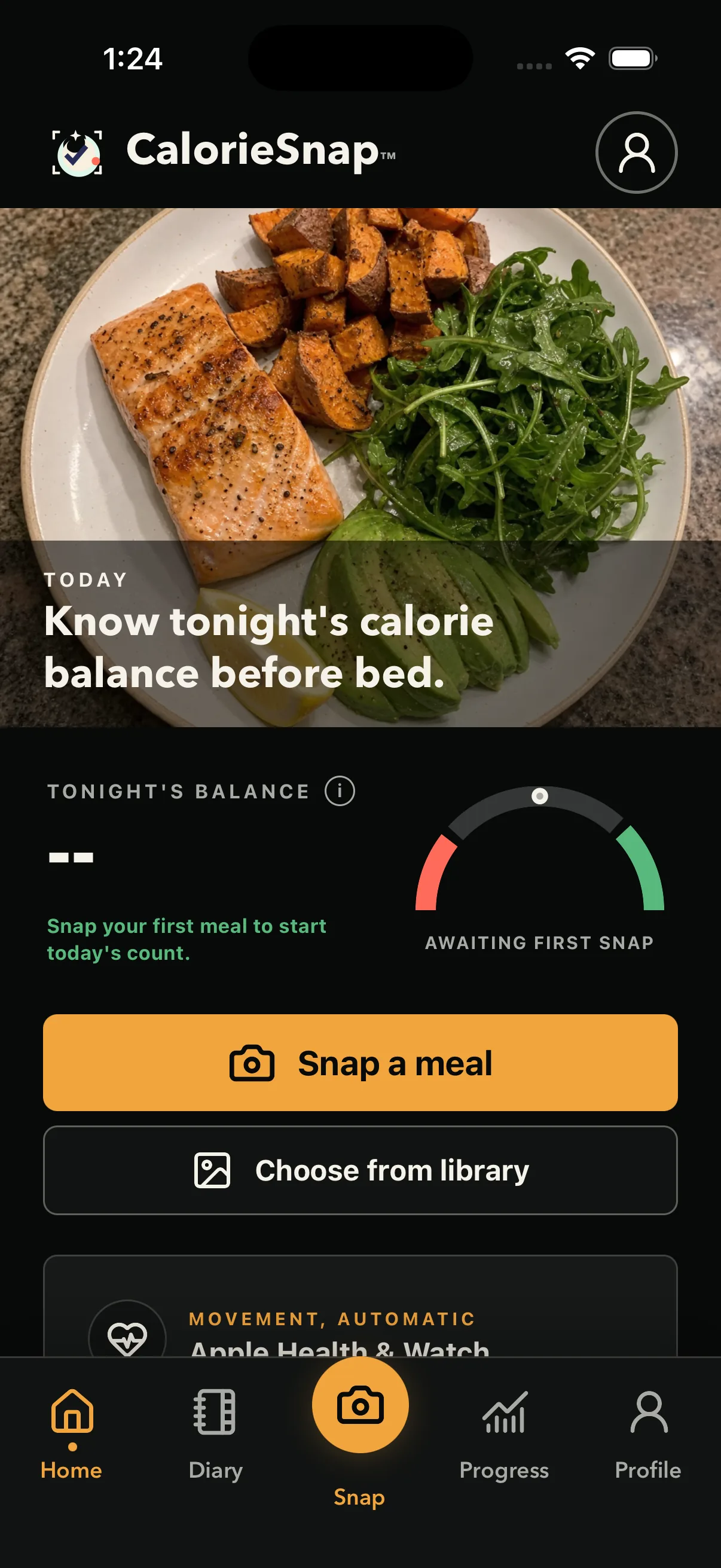 Current CalorieSnap iOS home screen showing the meal photo, tonight's balance, and meal capture actions