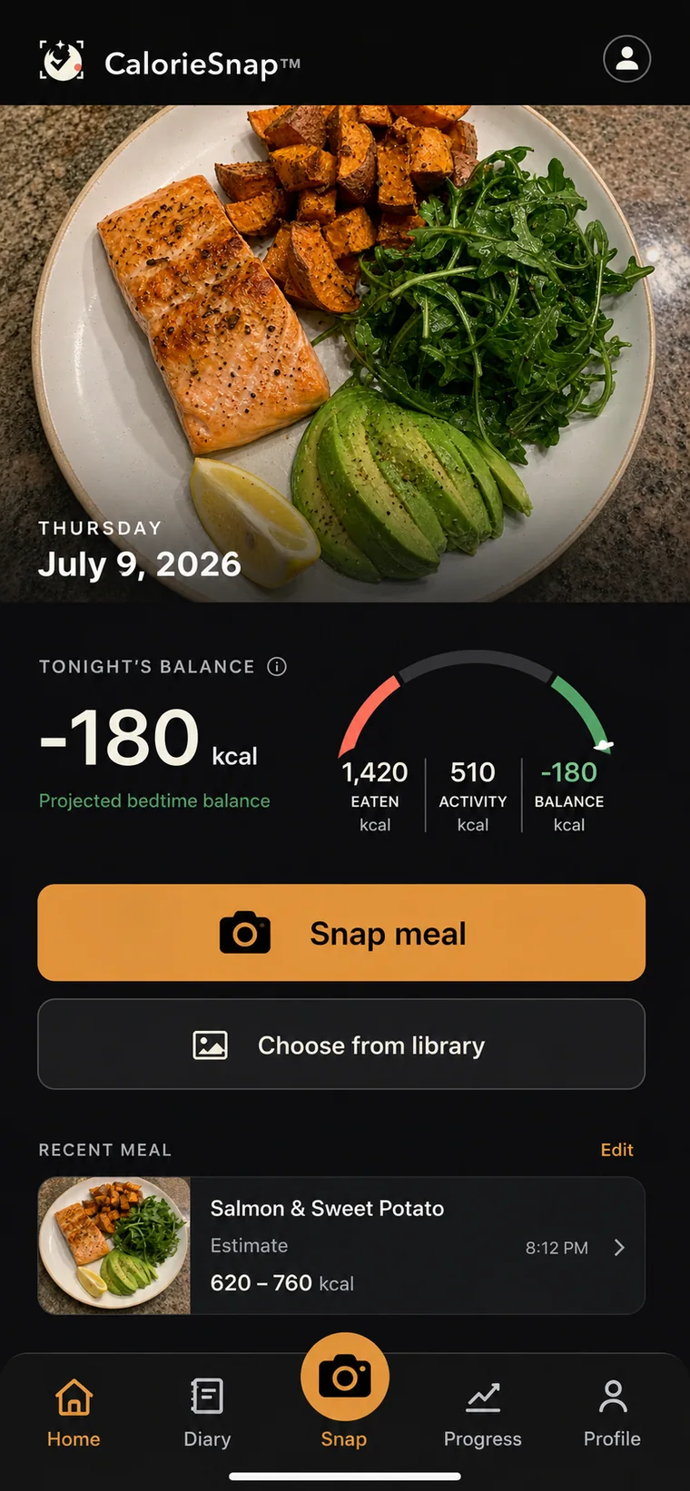 CalorieSnap iOS product preview showing a meal snap, bedtime balance, and a recent meal estimate