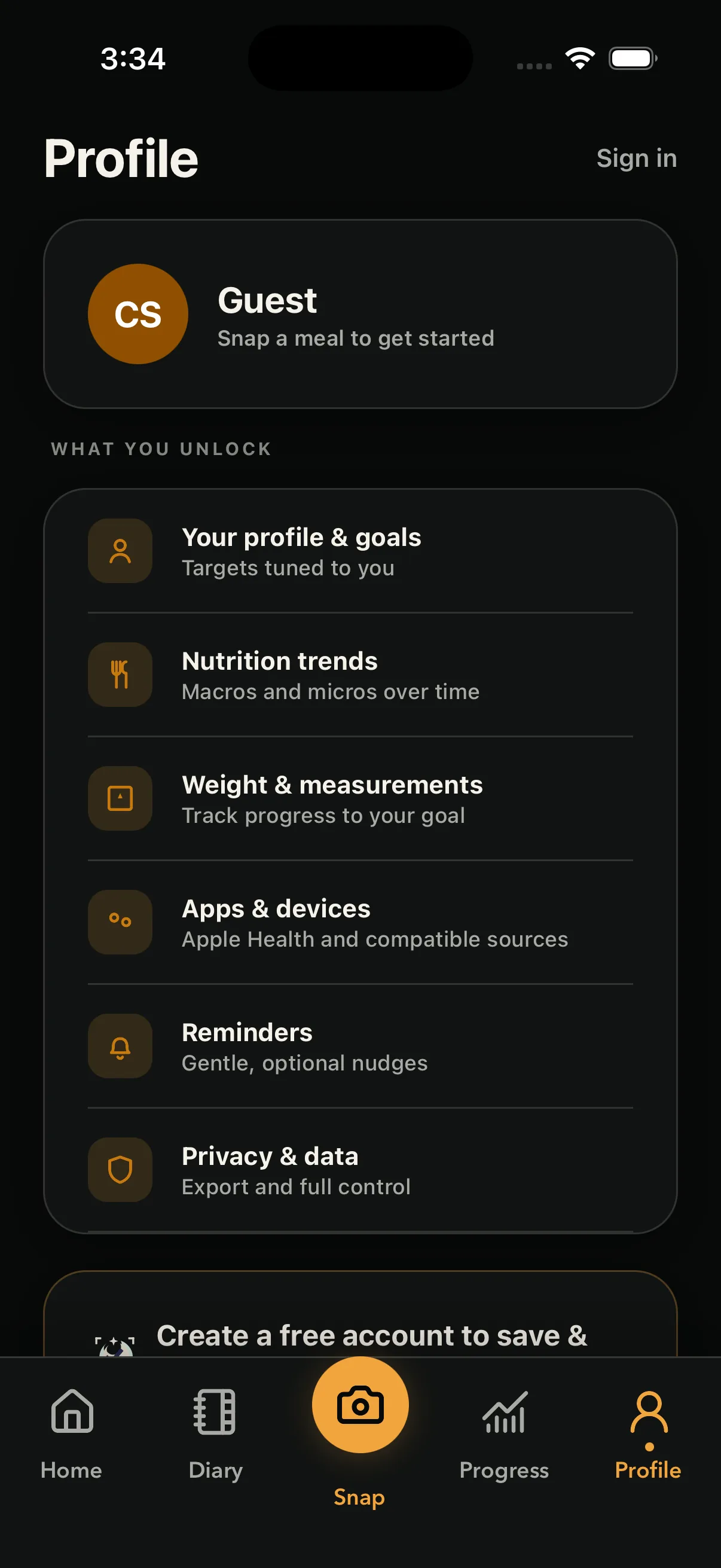 Current CalorieSnap iOS profile screen showing goals, nutrition trends, measurements, connected apps, reminders, and privacy controls