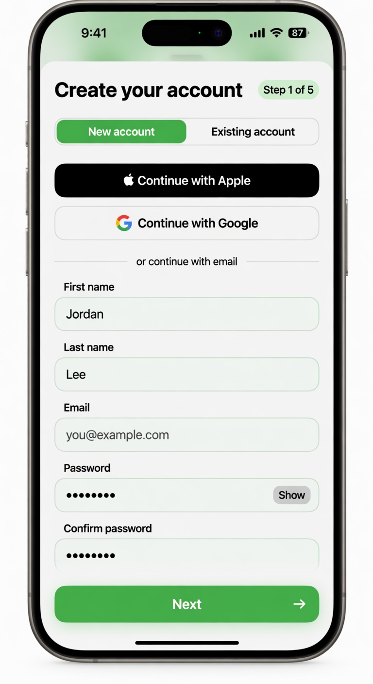 Account creation screen with Apple and Google sign-in options