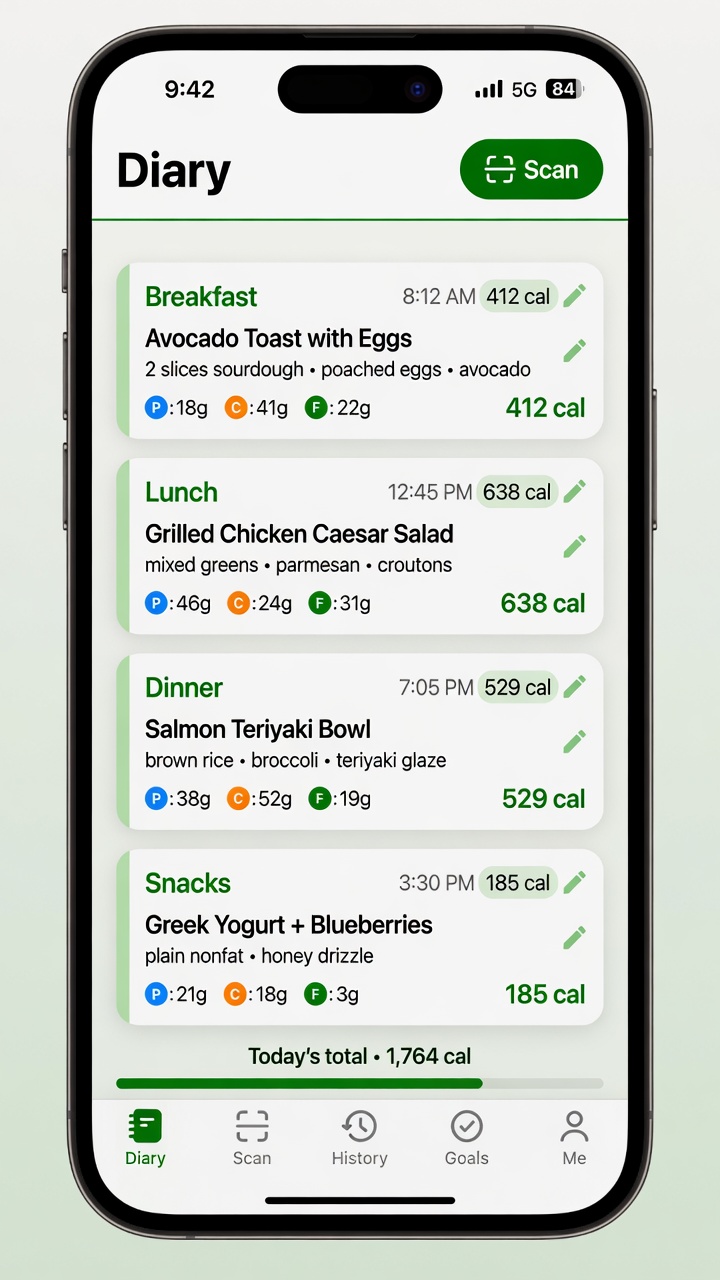 Food diary with photo, barcode, and manual meal entries