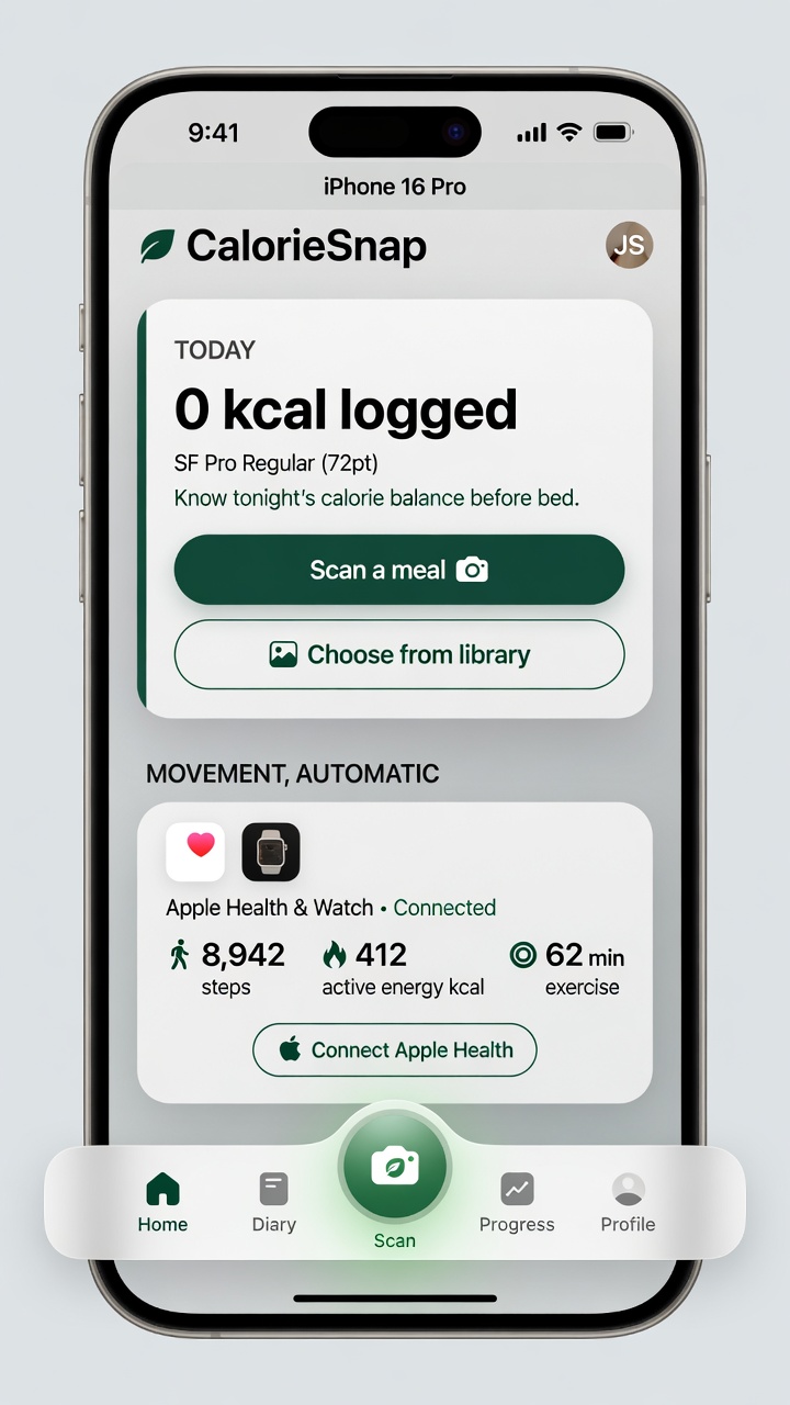 CalorieSnap home screen with daily balance ring, Health activity, and scan button