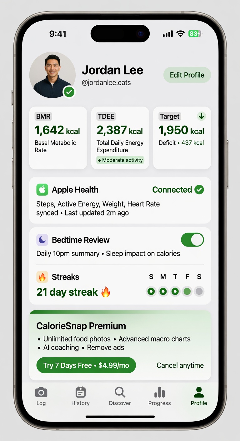 Profile screen with Health connection status and settings